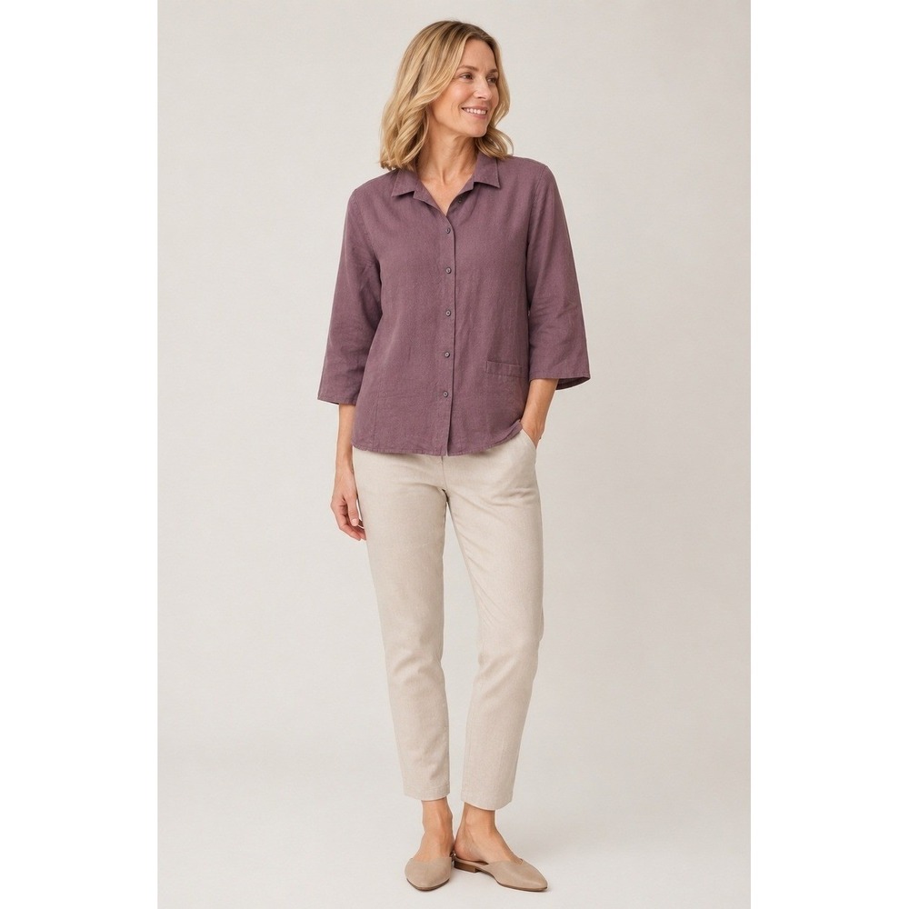 J. Jill Button Front Shirt Womens 8 Purple Silk Peplum Hem Pocket Minimalist